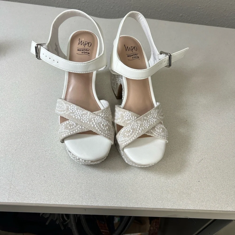 Impo White Beaded Crisscross Memory Foam Heel Sandals